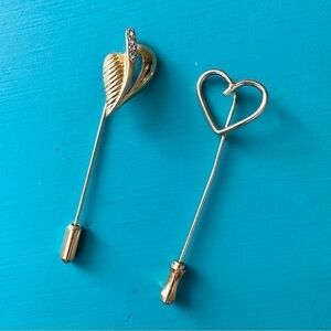 Set of 2 Gold Tone Heart Shaped Hat Stick Pins